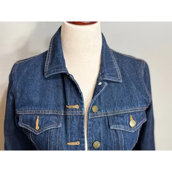BCBG jean jacket dark blue denim 100% cotton button up collar pockets Sz S - Picture 2 of 7